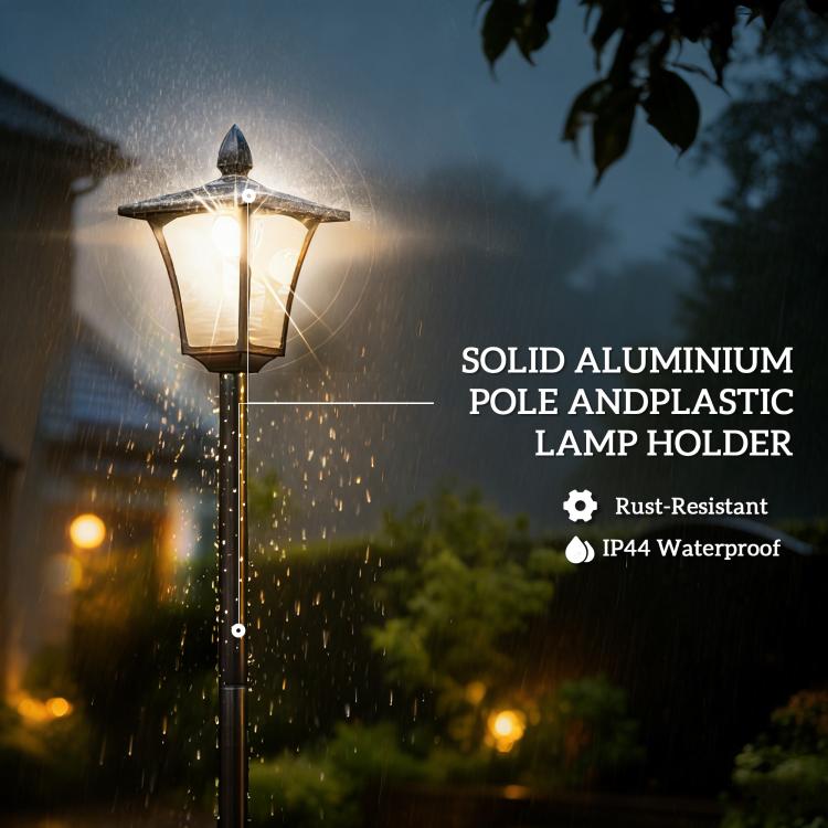 Black solar lantern post light with raindrops, designed for outdoor waterproof use