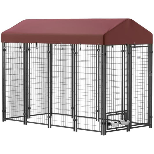 Red outdoor dog kennel with waterproof canopy and wire panels, front view