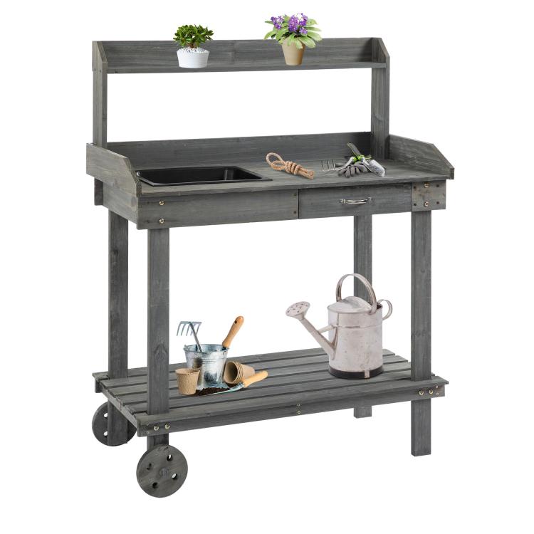 Gray potting bench with removable sink basin and tool storage drawer