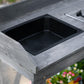 Gray wooden potting bench with square sink basin and black liner
