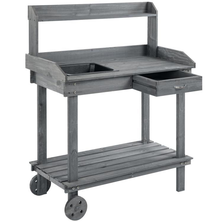 Gray potting work table with sink, pull-out drawer, and removable wheels