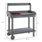 Gray wooden potting bench with wheels, sink opening, and storage shelf