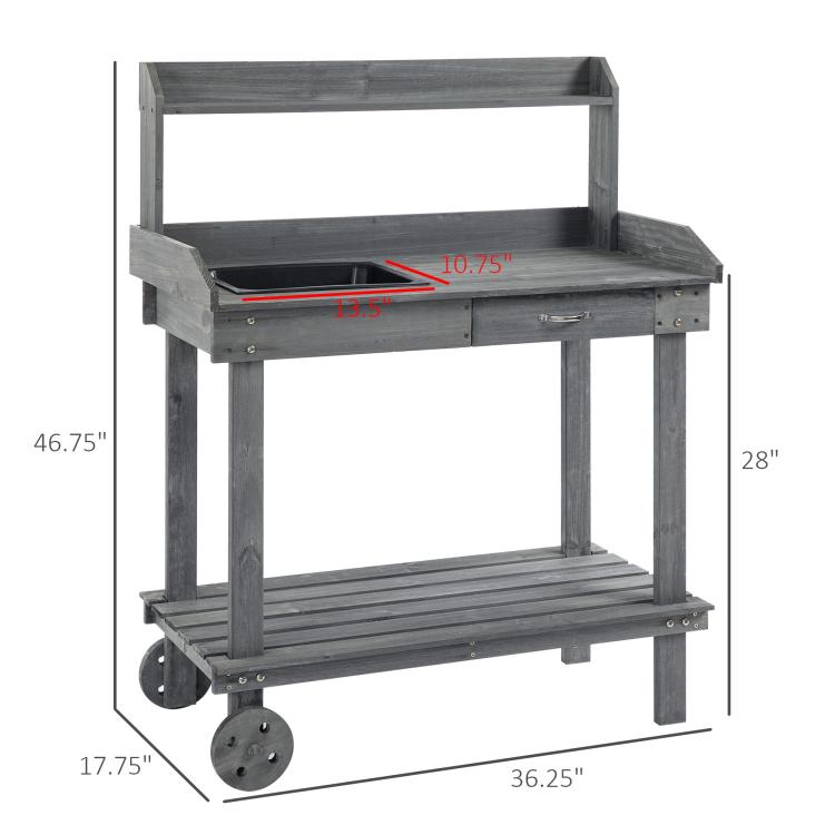 Gray wooden potting bench with wheels, sink opening, and storage shelf