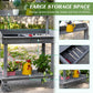 Gray potting bench highlighting top sink area, drawer, and tiered storage