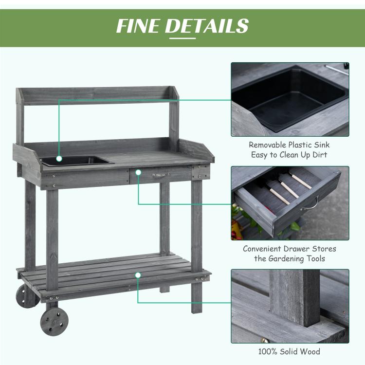 Gray wooden potting bench with removable sink, drawer, and multi-tier storage