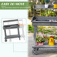 Gray potting bench with two detachable wheels for easy movement