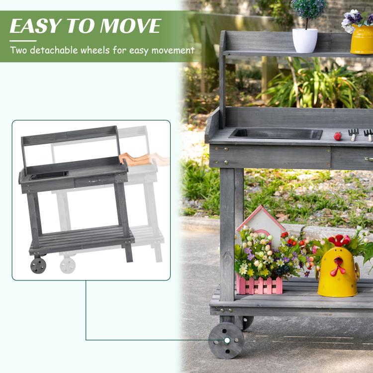 Gray potting bench with two detachable wheels for easy movement
