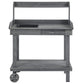 Gray wooden potting bench with sink recess, drawer front, and bottom shelf