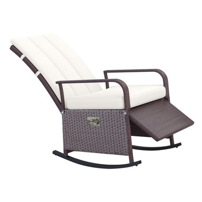 Beige PE rattan rocking recliner with footrest, padded seat, and upholstered backrest