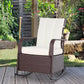 Rattan rocking recliner with beige cushions and raised footrest platform