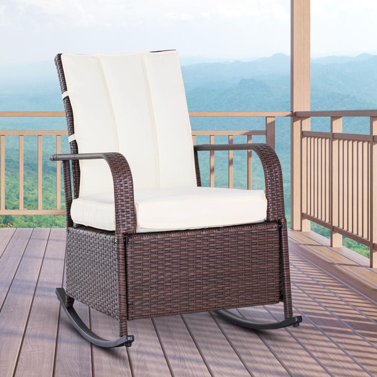 Brown PE rattan rocking recliner chair with beige padded seat and reclined back