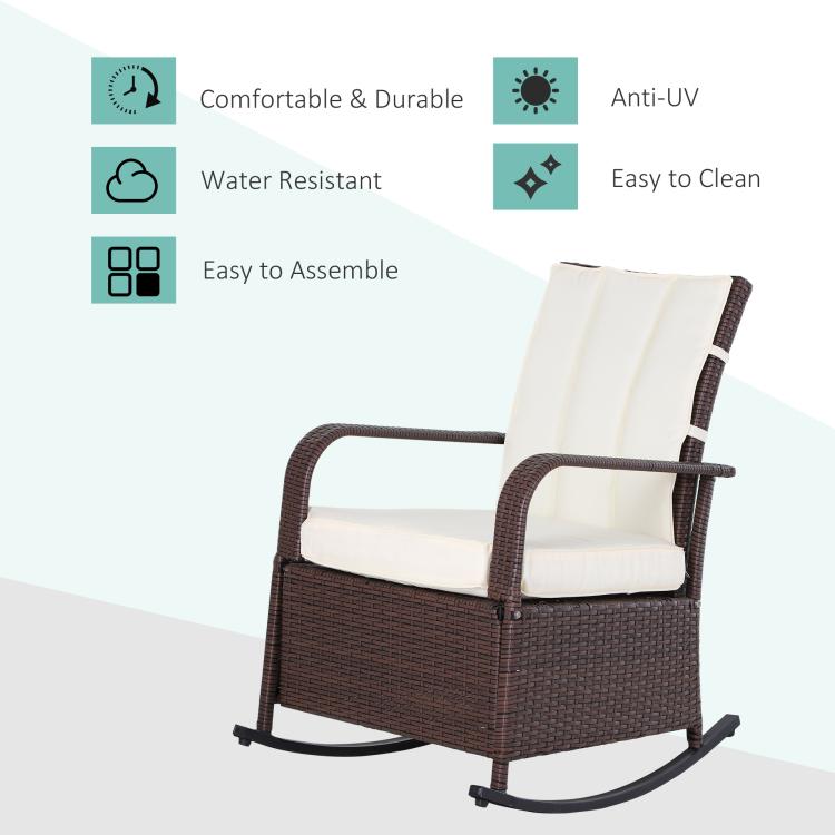 Beige-cushioned rattan rocking recliner with curved armrests and footrest