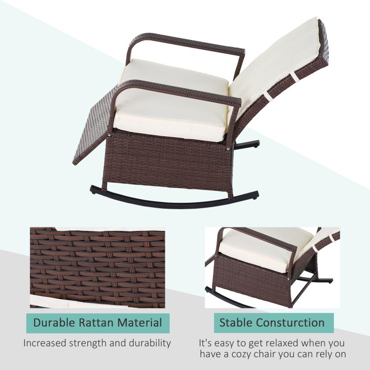 Rattan rocking recliner with beige cushions and extended footrest platform