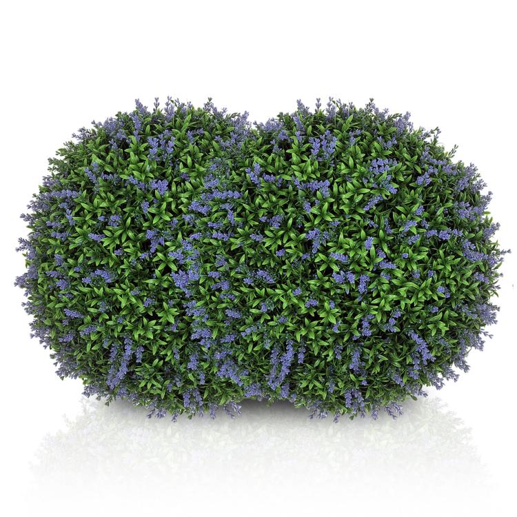 Artificial topiary ball with dense green leaves and small purple flower clusters