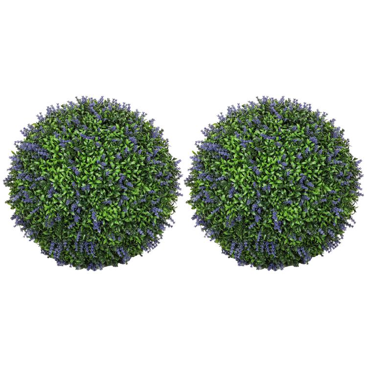 Pair of artificial topiary balls with dense green leaves and purple flower clusters