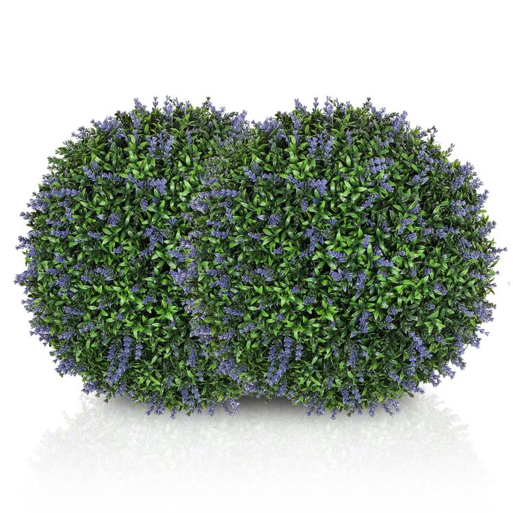 Artificial round lavender topiary ball with dense green foliage and purple blossoms