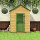 Artificial topiary balls in planters on both sides of a small wooden shed