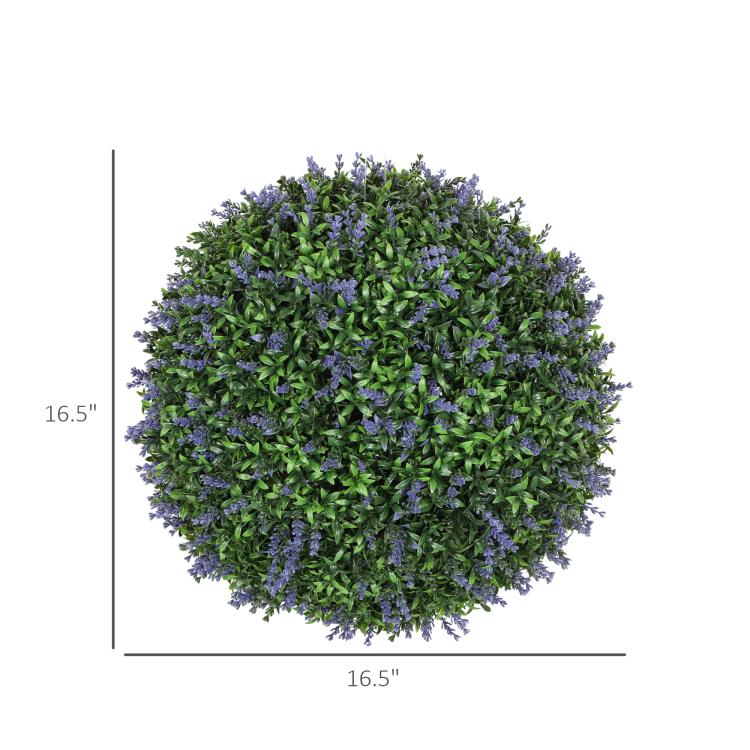 Artificial topiary ball with dense green leaves and purple flower clusters
