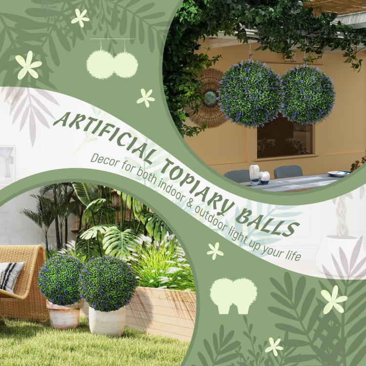 Artificial topiary balls with green foliage and purple blooms for indoor or outdoor decor