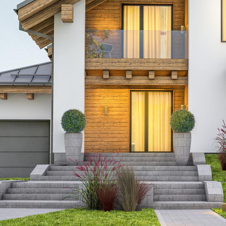 Artificial topiary balls in gray planters beside front steps and entry door