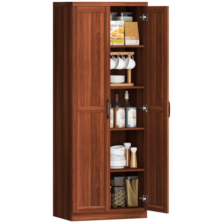 Brown freestanding pantry cabinet with 2 doors and open shelving interior