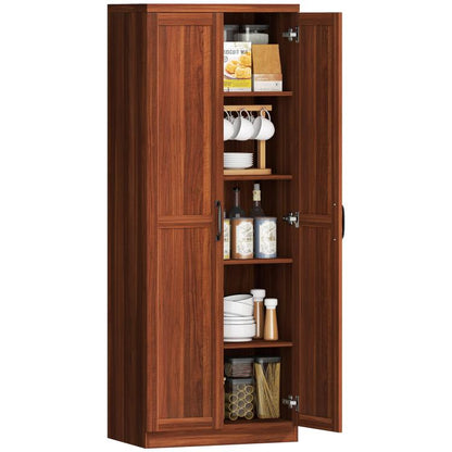 Brown freestanding pantry cabinet with 2 doors and open shelving interior