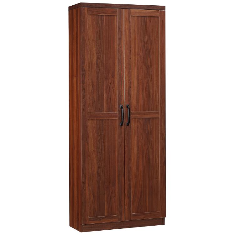 Brown 2-door storage pantry cabinet with vertical wood panels and black handles