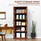 Brown pantry cabinet with 2 doors; interior shows tiered shelves and items