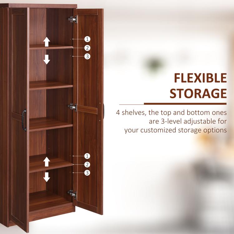 Brown pantry cabinet with doors open, showing multiple internal shelves