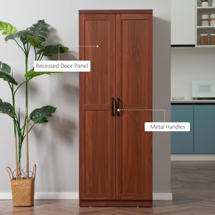 Brown pantry cabinet with recessed door panels and metal handle pulls