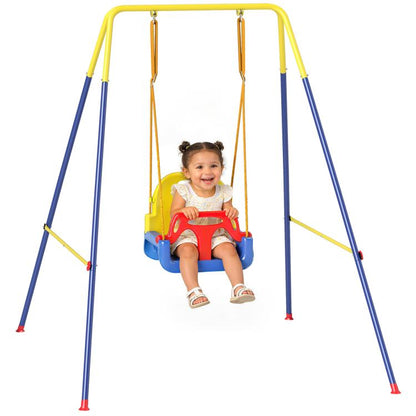 Toddler swing seat with red safety bar and blue base, hanging from yellow-and-blue frame