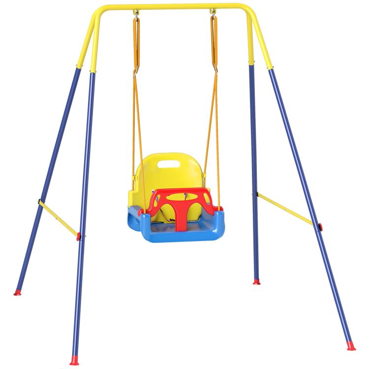 Toddler swing set with yellow top frame, blue legs, hanging red/yellow belt seat