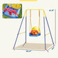 Toddler swing set frame with hanging seat, blue legs and yellow top bar in a size view