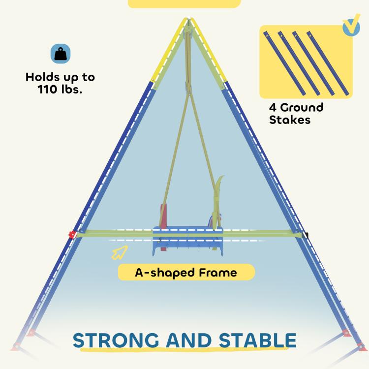 A-frame toddler swing stand with hanging ropes and blue-and-yellow support legs
