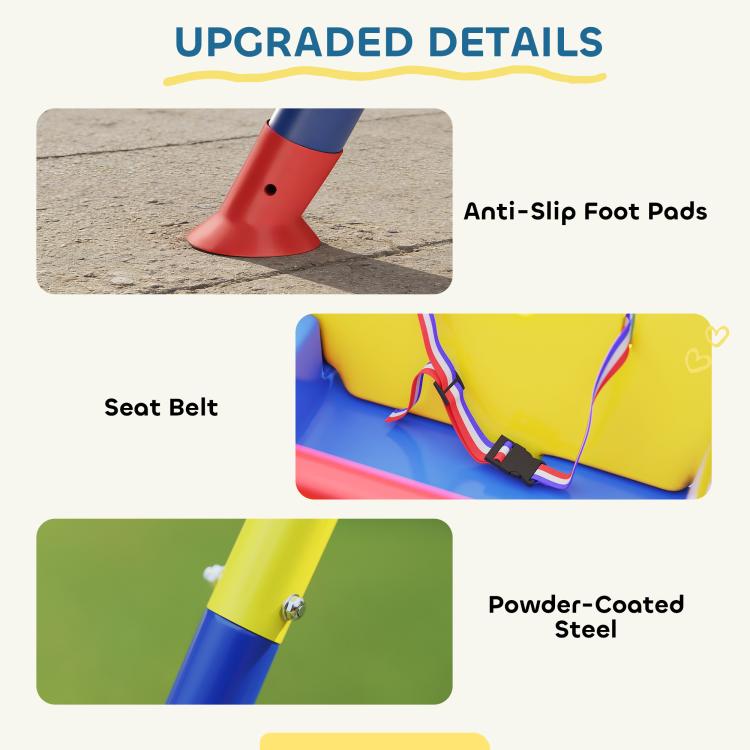 Toddler swing base with anti-slip foot pads and seat belt detail on blue frame