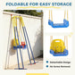 Folded toddler swing set for storage, blue frame with yellow top and hanging seat