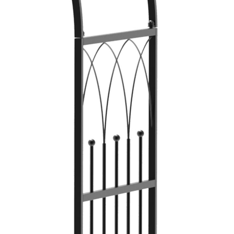 Black metal garden trellis arch frame with arched lattice and vertical bars