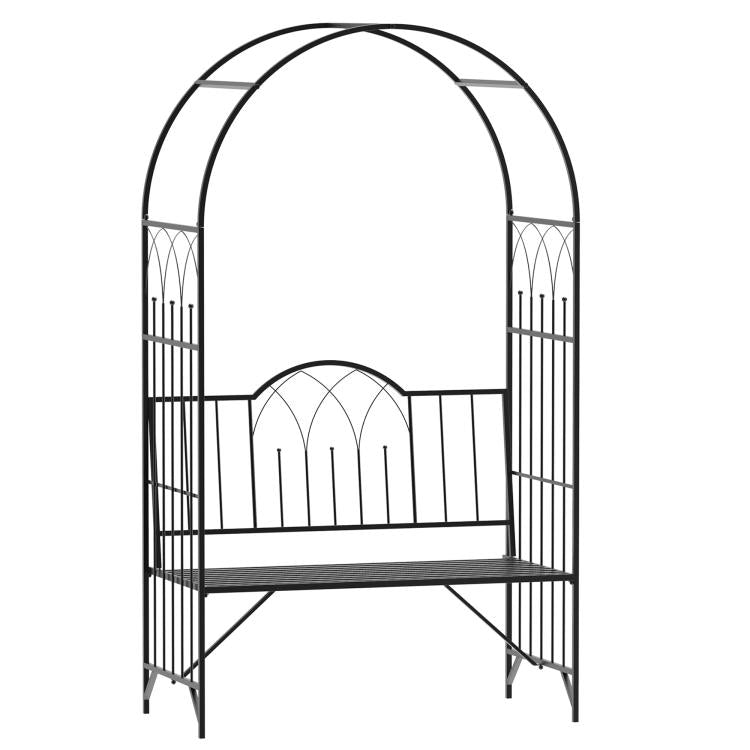 Black metal garden arbor with curved top, side lattice panels, and built-in bench