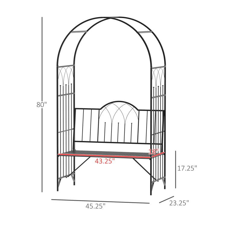 Black metal 2-seat arbor bench with arched trellis frame and slatted seat