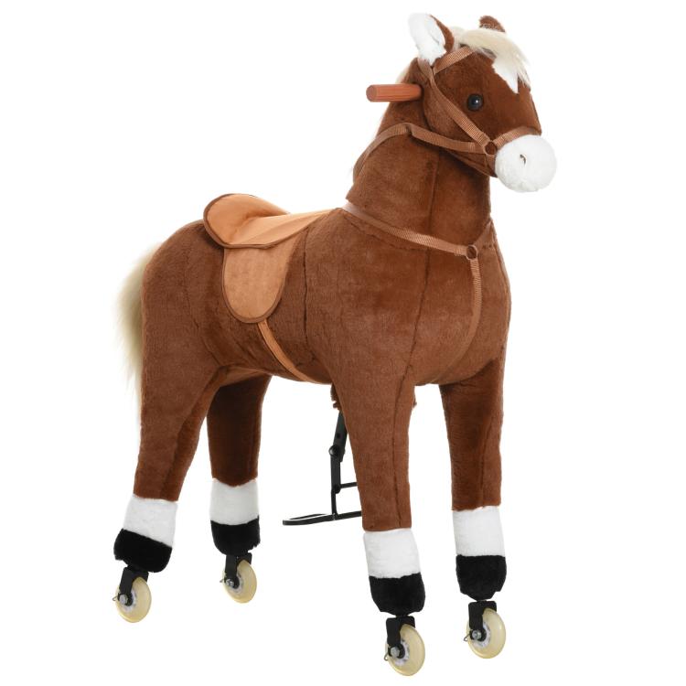 Brown plush ride-on walking horse with white muzzle, saddle, and rolling wheels