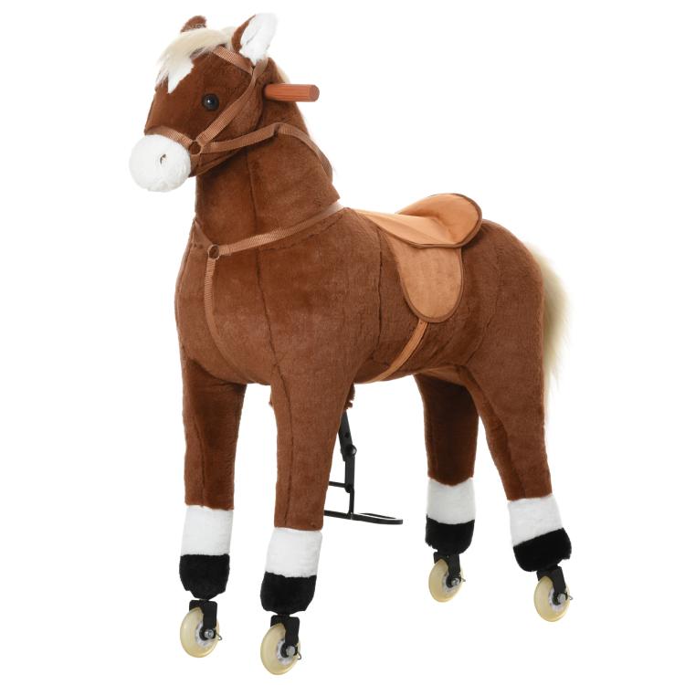 Brown plush ride-on walking horse with white paws, mane, and rolling wheels