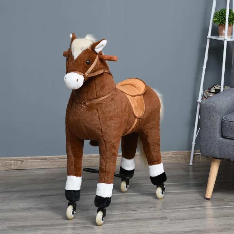 Brown plush ride-on walking horse with white mane, reins, and four rolling wheels