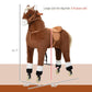 Brown plush ride-on horse with saddle and rolling wheels; size measurement view