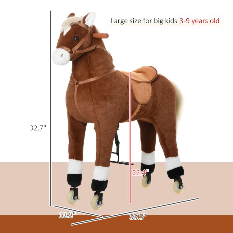 Brown plush ride-on horse with saddle and rolling wheels; size measurement view