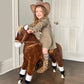 Brown plush ride-on walking horse with reins and rolling wheels, child riding