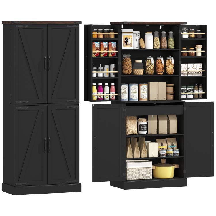 Black kitchen pantry cabinet with barn-style doors and dual metal handles
