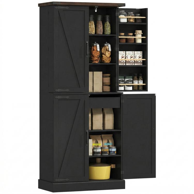 Black pantry cabinet with open doors, shelves, and wine-and-jar storage racks