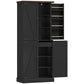 Black tall pantry cabinet with two open doors, interior shelves, and pull-out rack