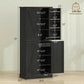 Black tall pantry cabinet shown with interior shelves and door rack storage