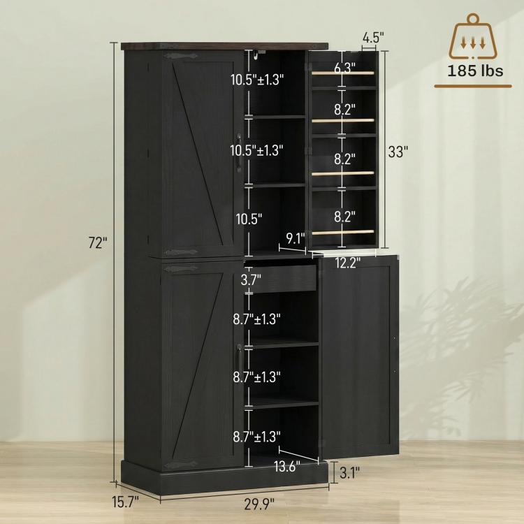 Black tall pantry cabinet shown with interior shelves and door rack storage